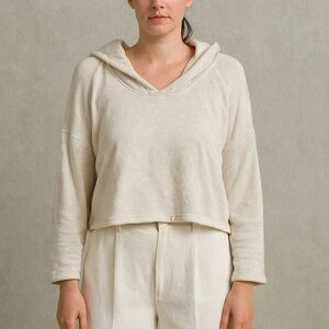 James Perse 4 Cream Hooded Sweater Cropped Lagenlook Minimalist XL